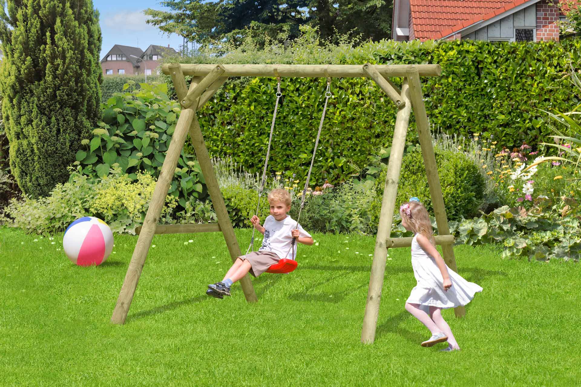 67133_-Garten_ Kinderschaukel Classic 1.1 Kiefer imprägniert Einzelschaukel mit rotem Schaukelsitz TÜV geprüft
