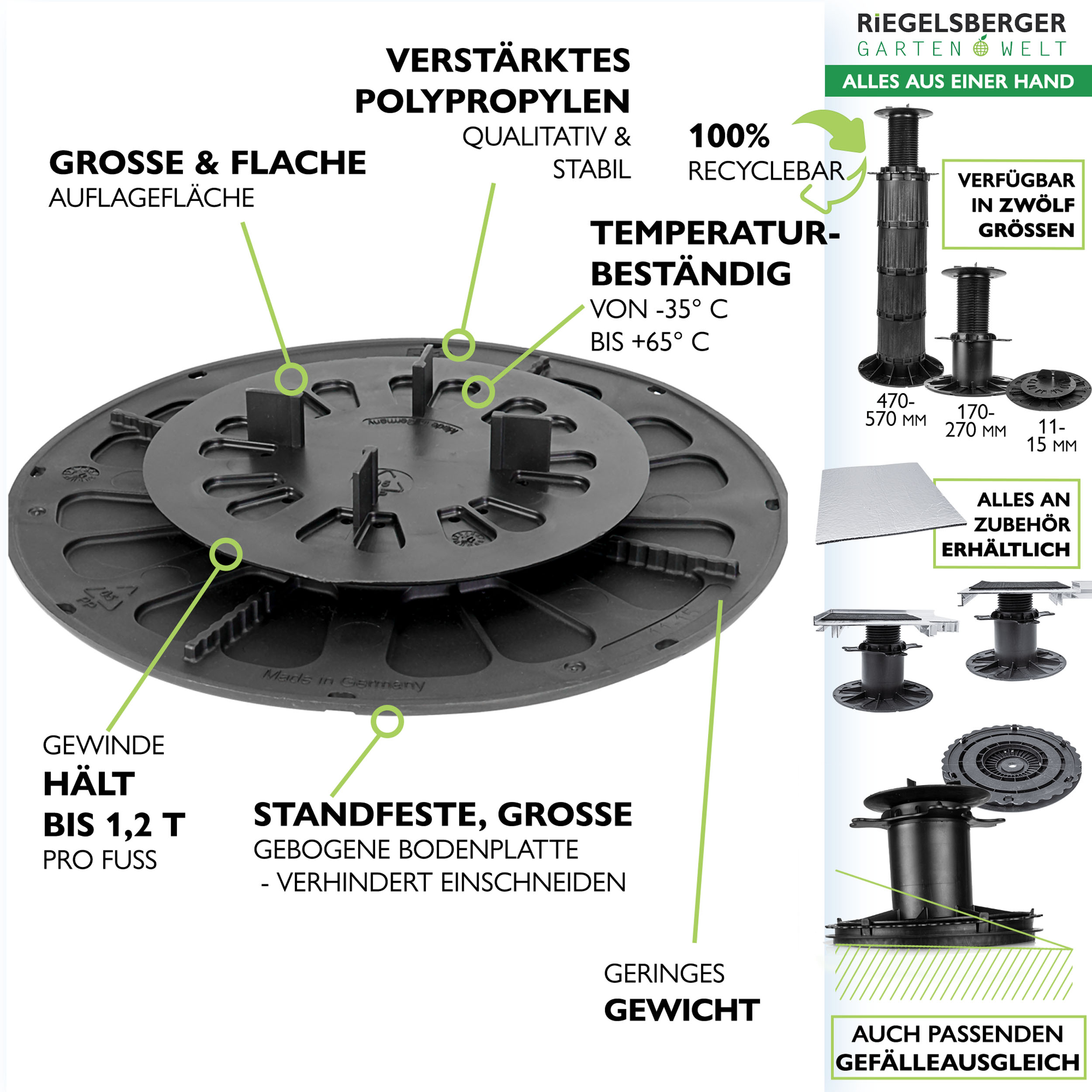 5_Features_11-15yeDRFEmhqyKa5 Plattenlager PREMIUM für Stein Beton Keramikplatten Terrassenlager Stelzlager Stellfuß verstellbar