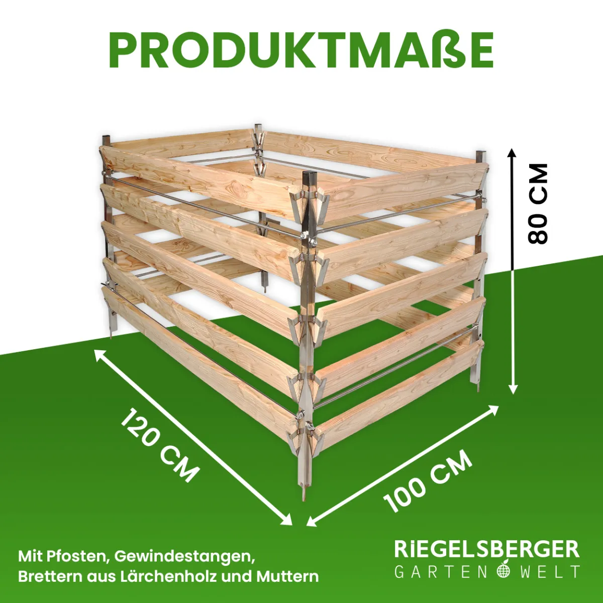 Eleganter Komposter Single 100x120xH80 cm aus Lärche mit Edelstahlpfosten