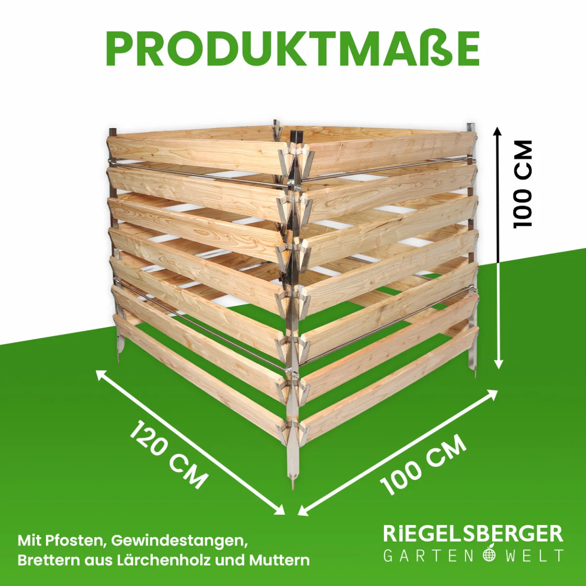 Eleganter Komposter Single 100x120xH100 cm aus Lärche mit Edelstahlpfosten