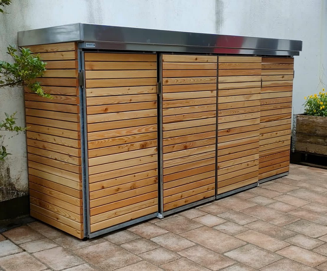 287945469_175602221494374_3801700247688848022_nvztWHbUNpfXCv Mülltonnenschrank-Systeme mit Schiebetüren Stahlgestell Echtholz für 4 Mülltonnen 120 Liter