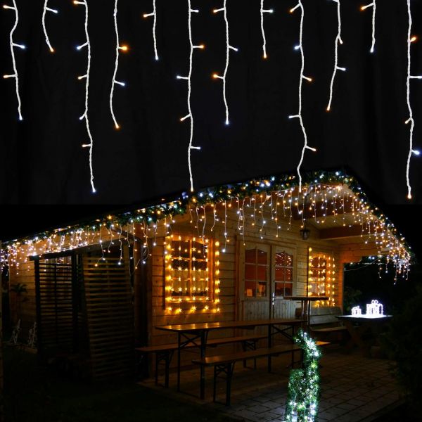 LED-Eisregen-Lichterkette 12 m lang mit 480 LED-Mix warmweiß und kaltweiß Weihnachtsbeleuchtung