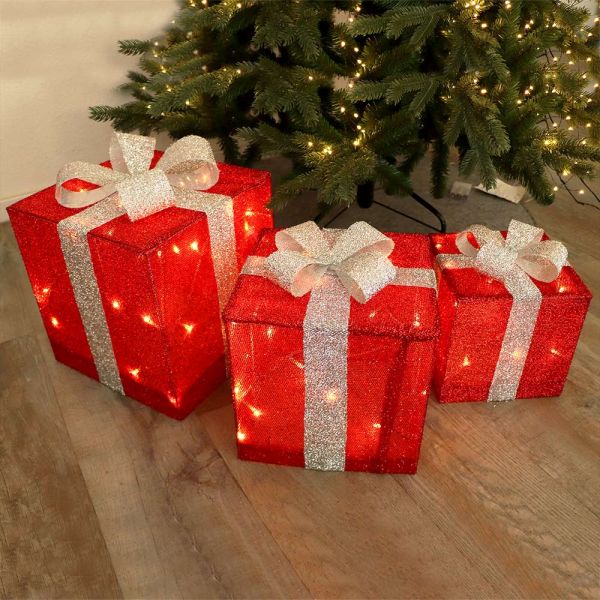 Geschenkboxen Deko-Set mit 3 Geschenkpäckchen 72 LED rot mit Schleife