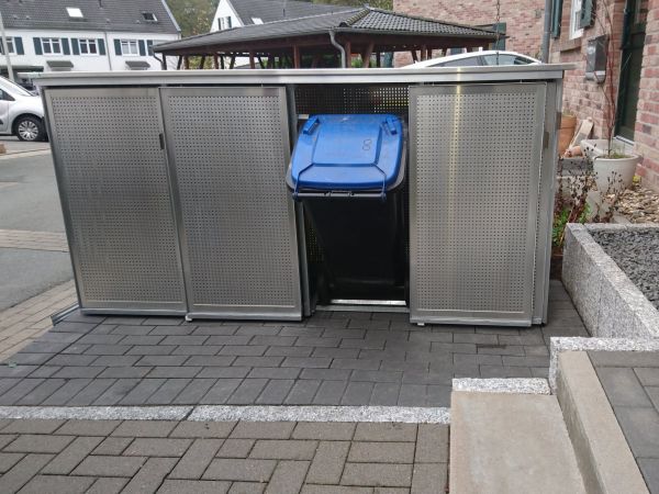 Mülltonnenschrank mit Schiebetüren Edelstahl für 4 Mülltonnen 120 Liter