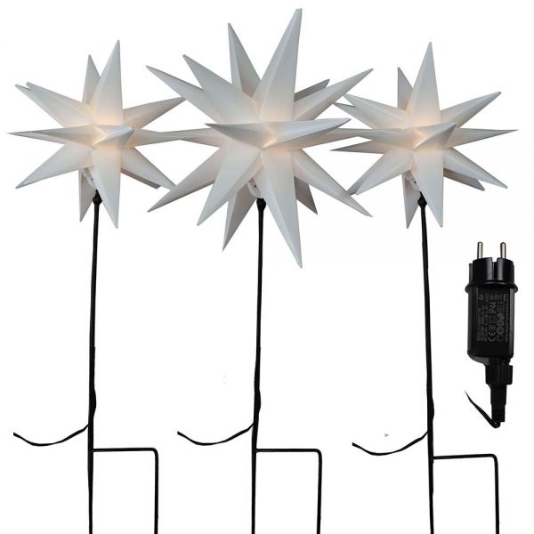 Lichterkette mit 3x Gartenstab mit 18 Zacken-Stern für Weihnachten außen