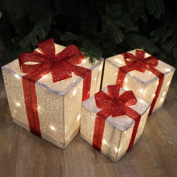 Lichterfiguren Weihnachtsbeleuchtung Geschenkbox 3er Set Warmweiß Silber 20/25/30 cm