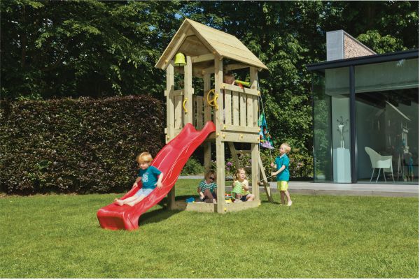 Spielturm KIOSK B105 x T105 cm Lärche natur inkl. Bodenanker und Rutsche 300 cm