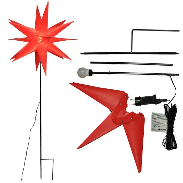 Metall-Gartenstab 18-Zacken-Stern rot mit LED-Birne warmweiß Sternenstab mit Erdspieß
