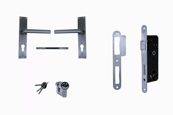Einsteckschloss mit Türschloss + Drückergarnitur mit eckigen Griffen und Langschild Edelstahl