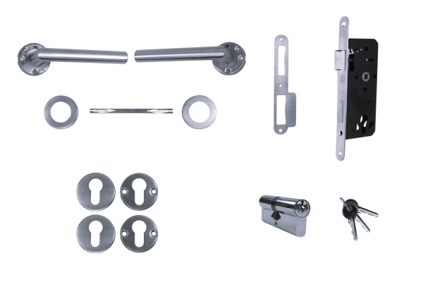 Einsteckschloss mit Türschloss + Drückergarnitur mit eckigen Griffen und Schlüsselrosette Edelstahl